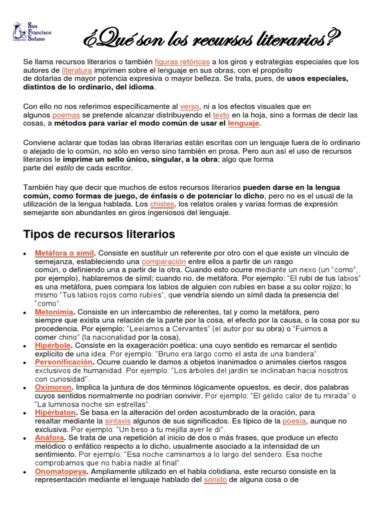 Tipos de recursos literarios y sus ejemplos | PDF | Metáfora | Lingüística
