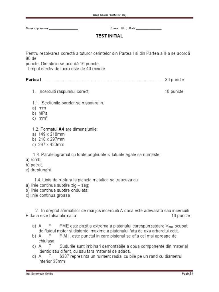 Test Initial Clasa A Xi A | PDF