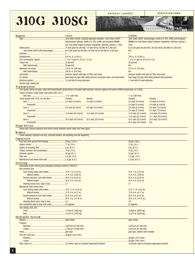 John Deere 310G/310SG Backhoe Specs | PDF | Turbocharger | Horsepower