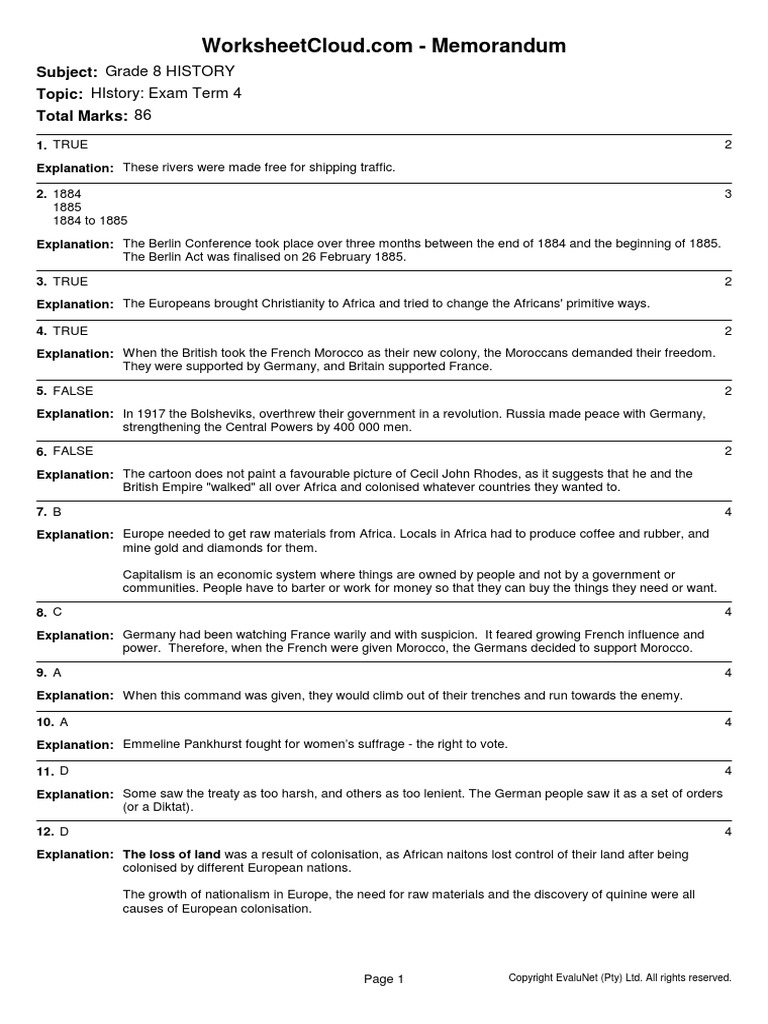 Topic History Exam Term 4 Total Marks 86 Subject Grade 8 History