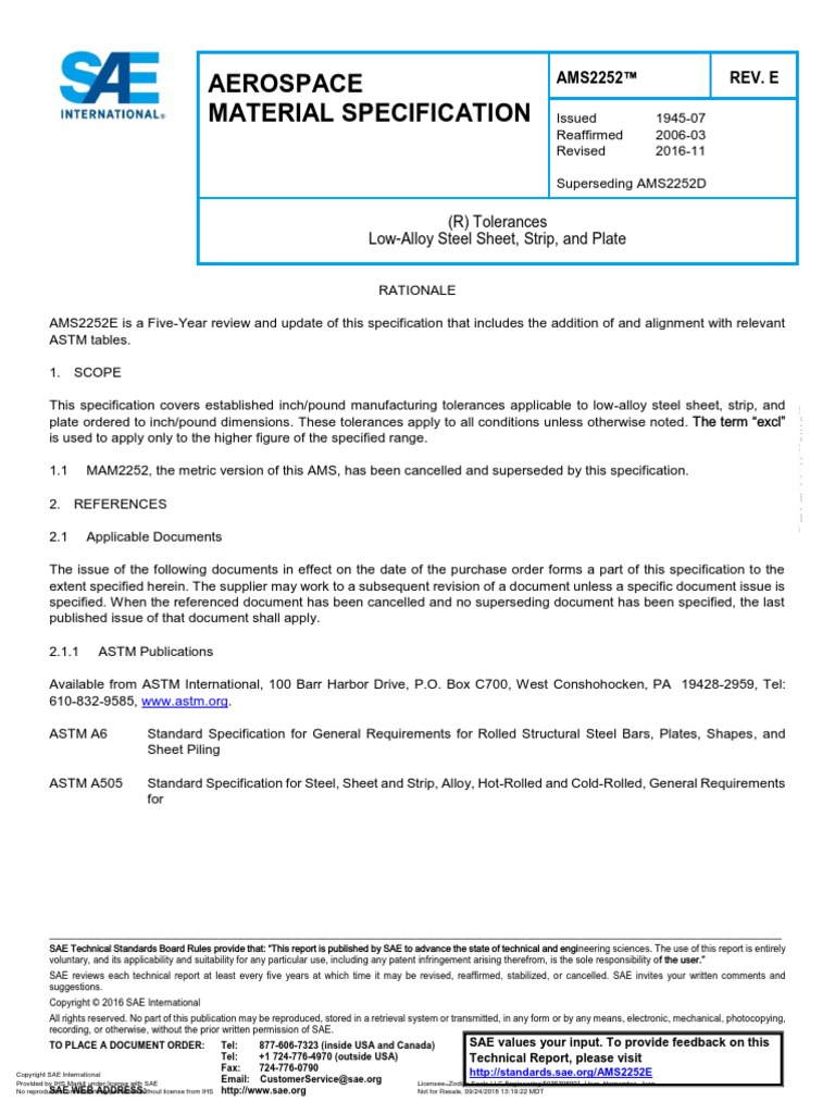 Aerospace Material Specification (R) Tolerances LowAlloy Steel Sheet