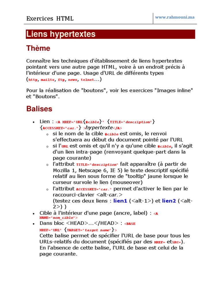 Liens hypertextes en HTML Exercices PDF Hyperlien Html — free download