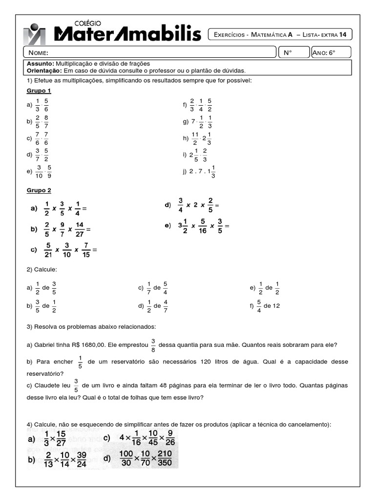 Exercícios de Frações: Multiplicação e Divisão | PDF | Matemática ...