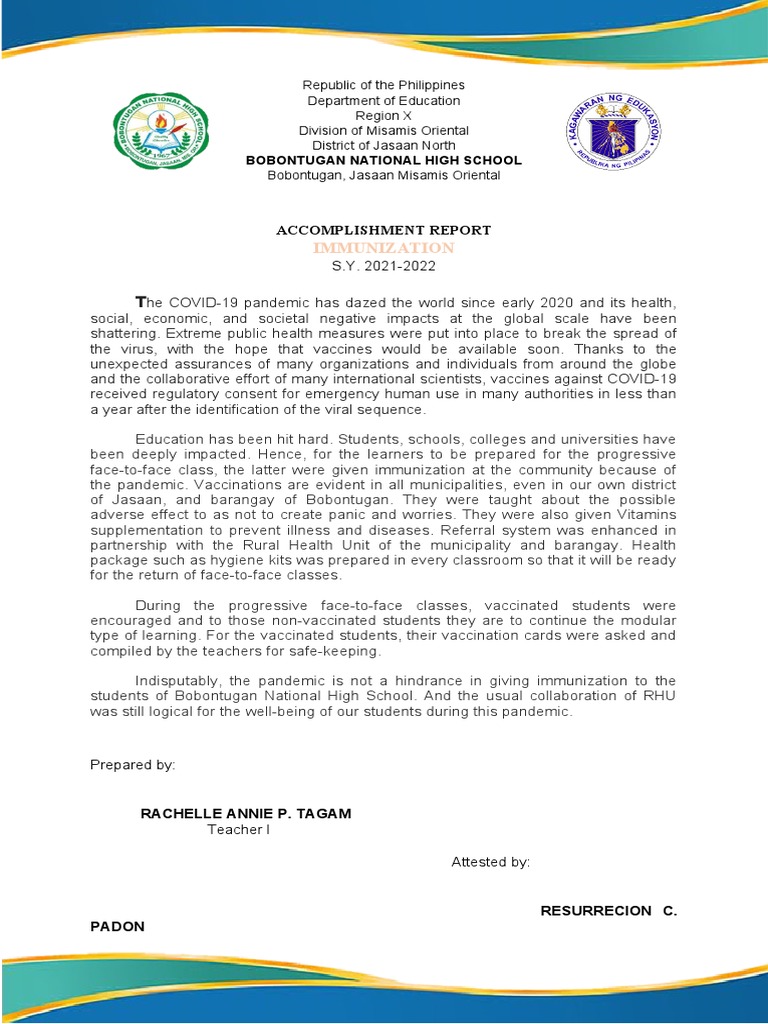 Immunization Report for Bobontugan NHS | PDF | Vaccines | Pandemic