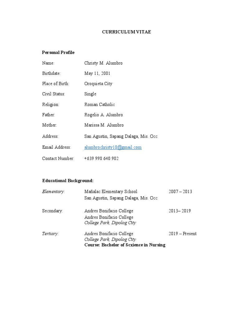 Curriculum vitae sample pdf