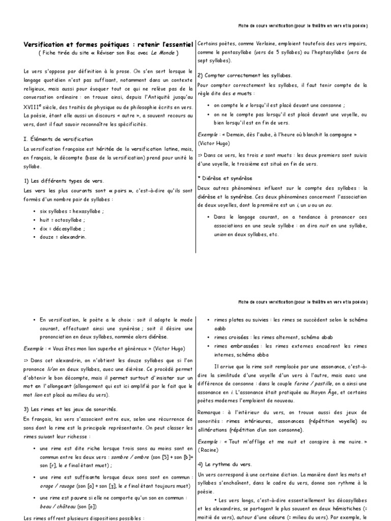 Fiche de cours sur la versification | PDF | Rime dans la poésie | Poésie