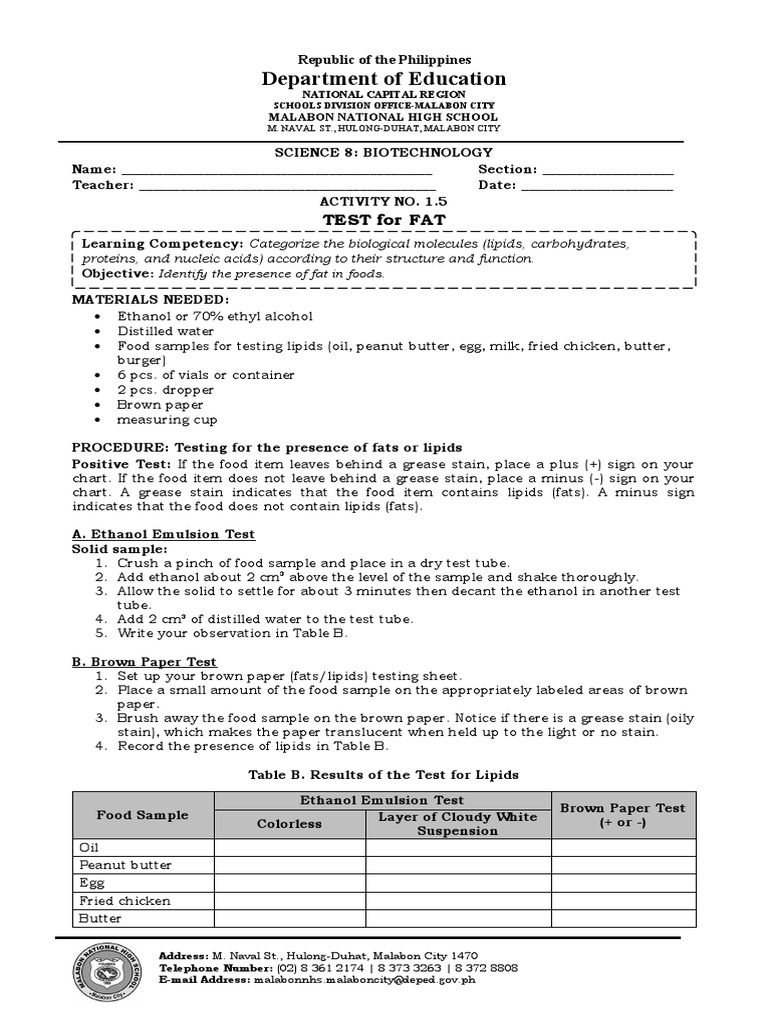 Identifying Lipids in Food Through Ethanol Emulsion and Brown Paper Tests PDF Lipid Fat