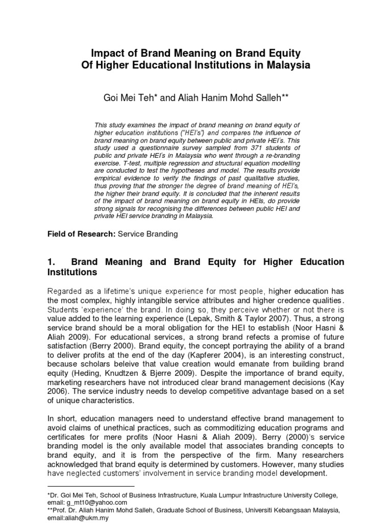 Goi 2011 Impact of Brad Meaning On Brand Equity of Higher Educational Institutions PDF Brand