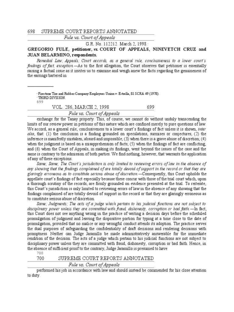 698 Supreme Court Reports Annotated: Fule vs. Court of Appeals | PDF ...