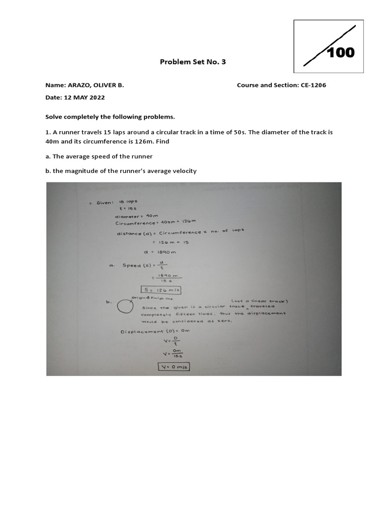 Problem Set No. 3 Solving Physics Problems Involving Speed, Velocity