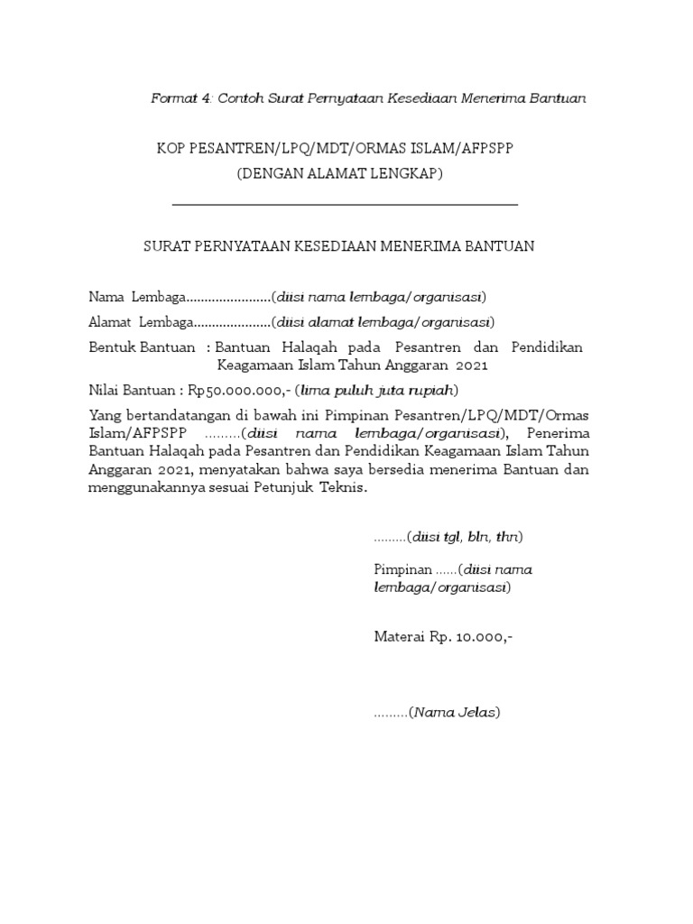 Format 4 Contoh Surat Pernyataan Kesediaan Menerima Bantuan - Akoenk ...