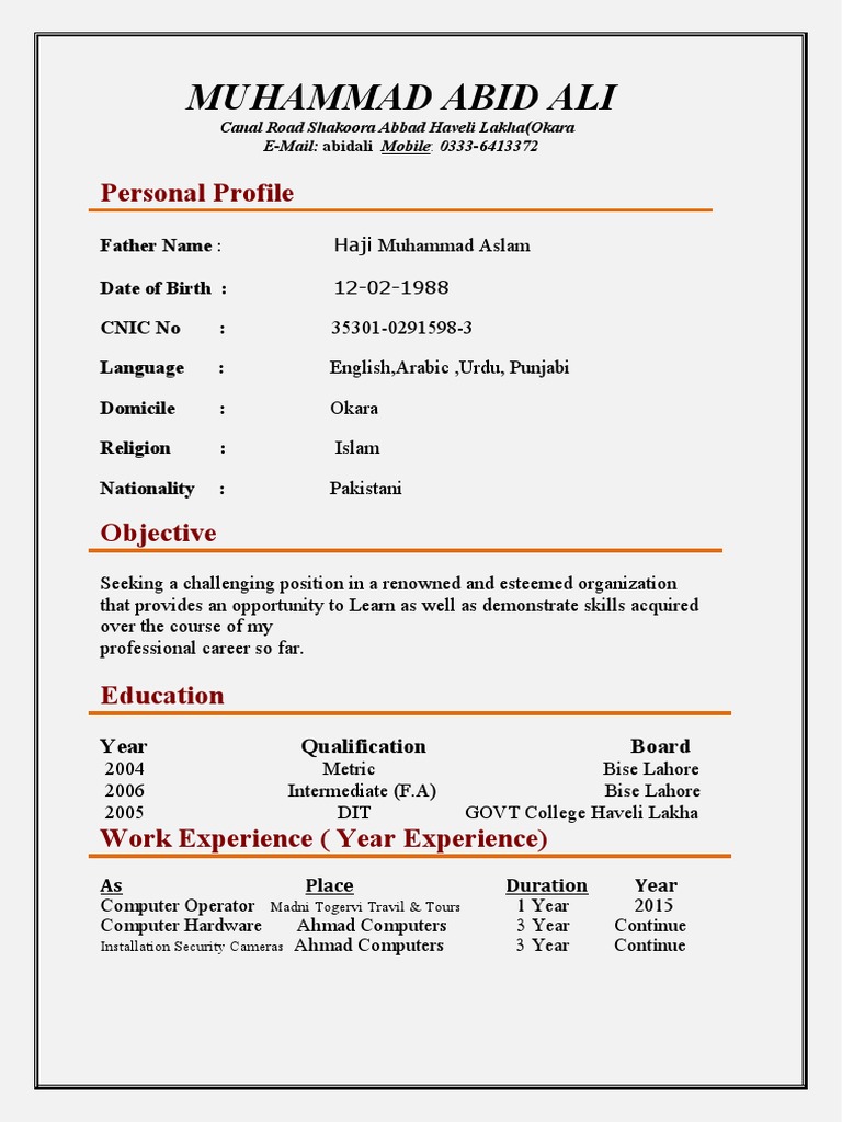 Muhammad Abid Ali: Personal Profile | PDF | Career & Growth