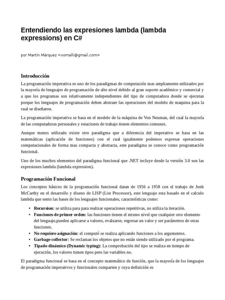 Expresiones Lambda en C# | PDF | Programacion Funcional | Objeto ...