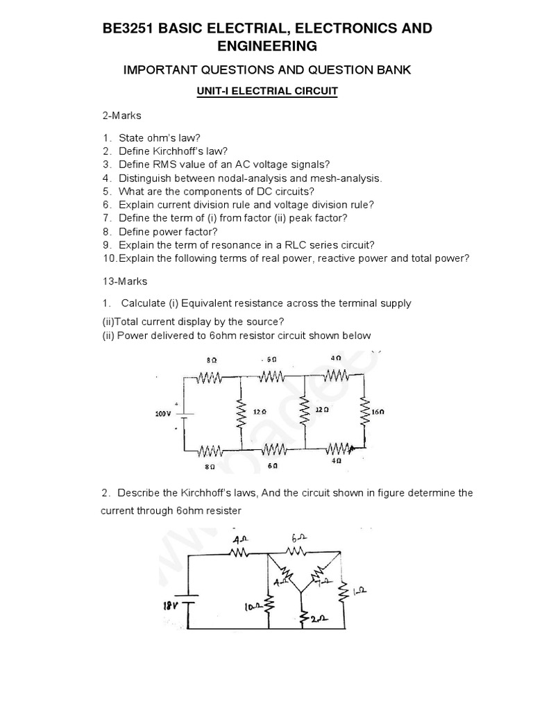 Be3251 Basic Electrial, Electronics and Engineering Important