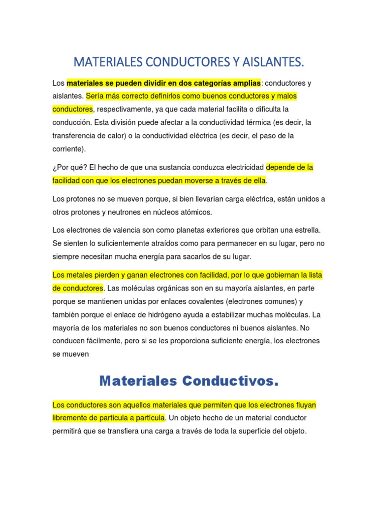 Materiales Conductores y Aislantes | PDF | Electrón | Resistividad ...