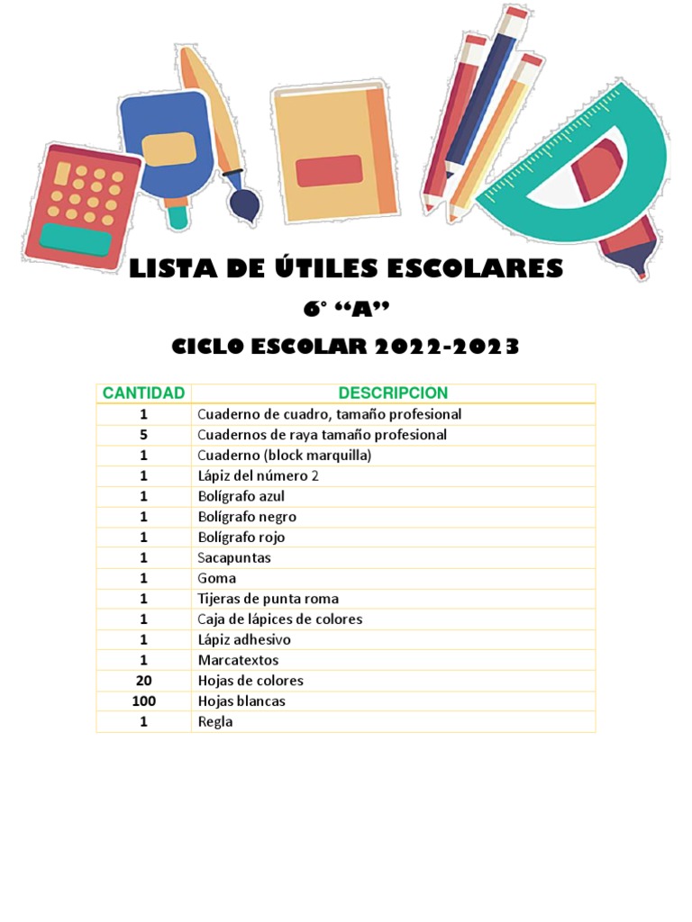 Lista de Útiles Escolares 2022-2023 | PDF | Hogar, jardinería y bricolaje