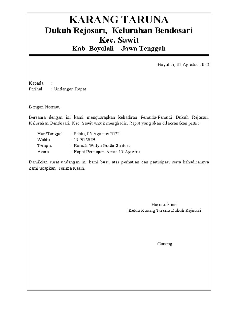 Contoh Surat Undangan Karang Taruna | PDF