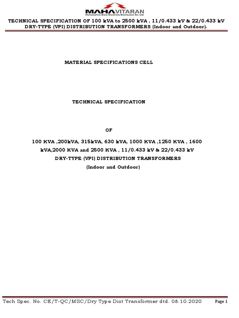Specifications for Dry-Type Transformers | PDF | Transformer ...