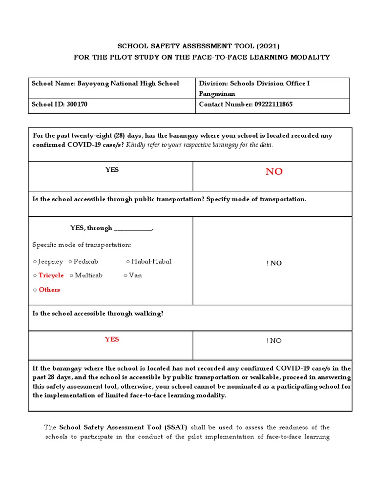 Annex B School Safety Assessment Tool 2 PDF Personal Protective
