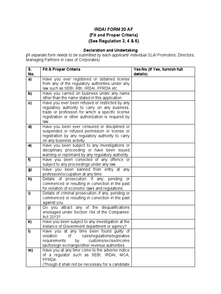 Irdai form 20 af fit and proper criteria see regulation 3 4 6