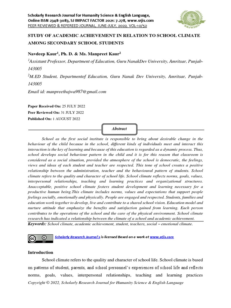 Study of Academic Achievement in Relation To School Climate Among ...
