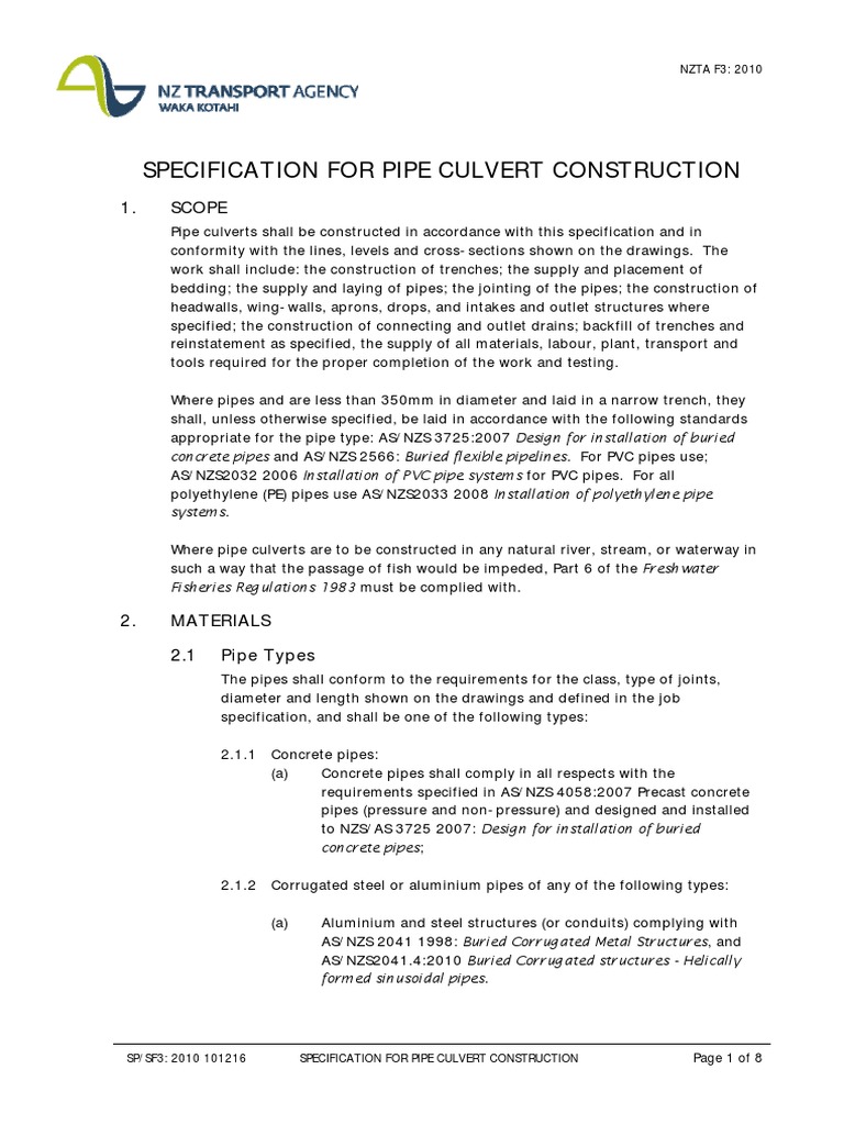 Pipe Culvert Construction Specifications | PDF | Pipe (Fluid Conveyance ...