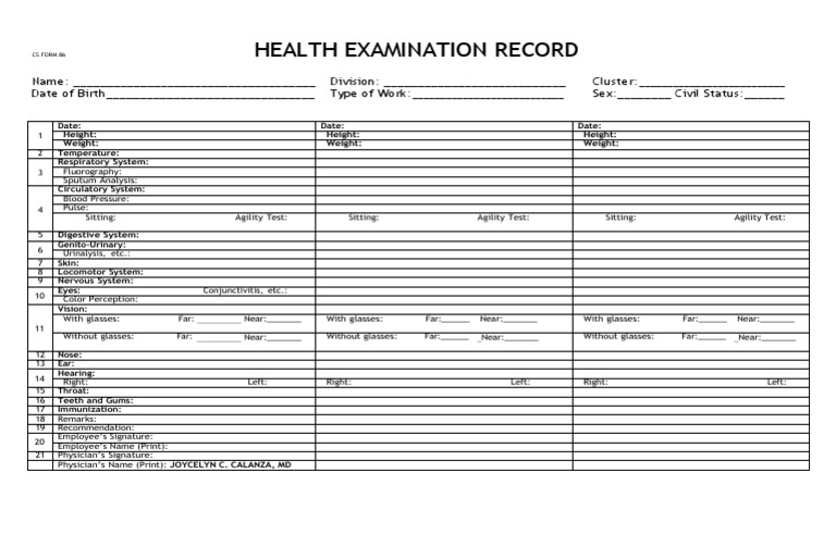 Cs form 86 health examination record pdf