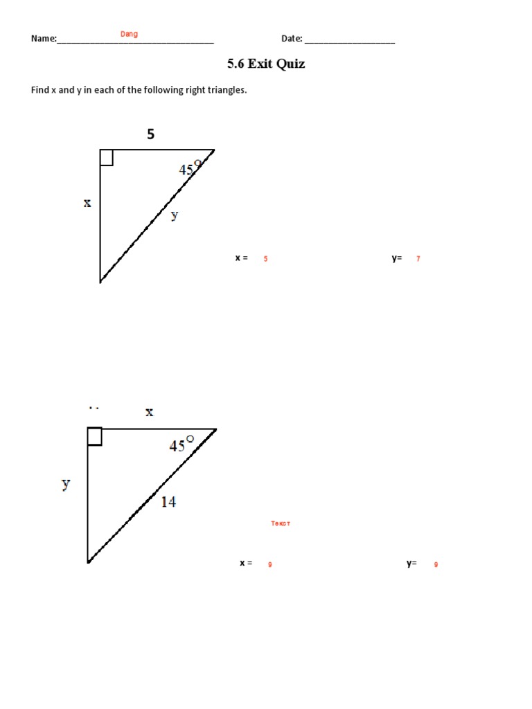 5.6 Exit Quiz: Find X and y in Each of The Following Right Triangles | PDF