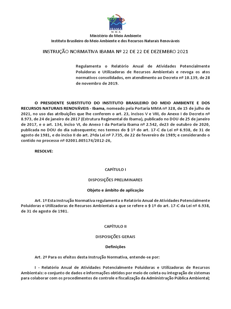 Instrução Normativa N°22 Ibama - Regulamenta o Raap | PDF | Desperdício ...