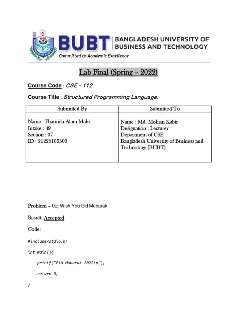 Lab Final (Spring - 2022) : CSE - 112 Structured Programming Language ...