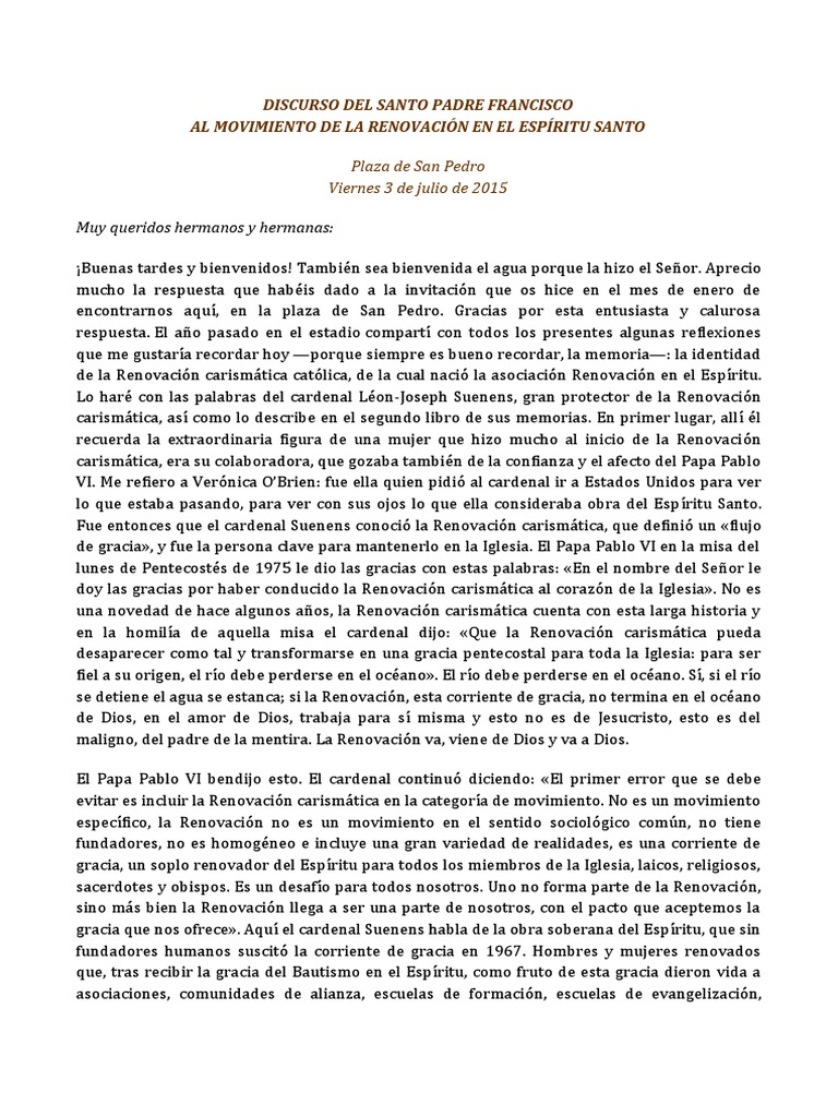 Discurso Del Santo Padre Francisco Al Movimiento De La Renovación En El
