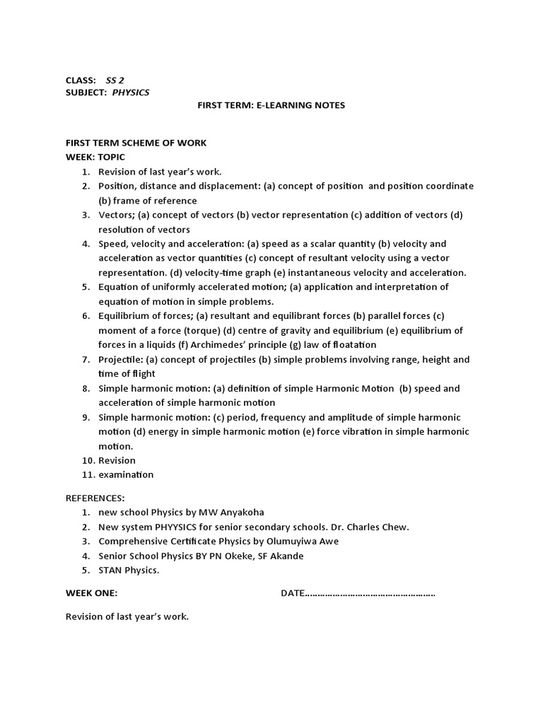 Physics Ss2 1st Term e Notes PDF Cartesian Coordinate System