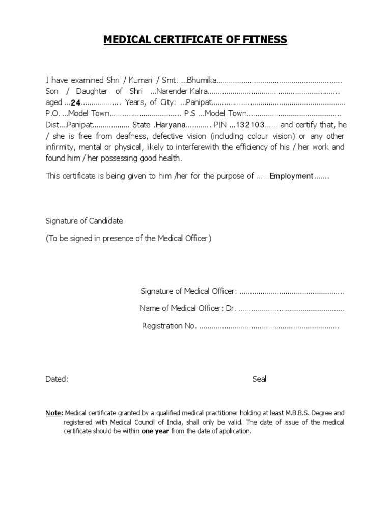 Instapdf in Medical Fitness Certificate Format 534 PDF