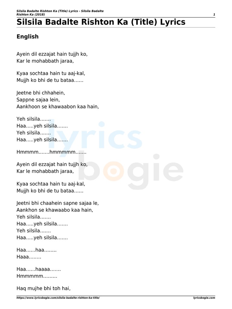 Silsila Badalte Rishton Ka (Title) Lyrics English PDF