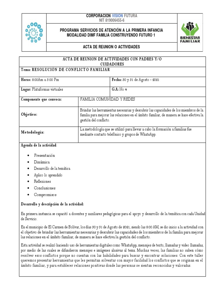 Acta Resolucion de Conflictos Ga 4 | PDF | Conflicto (proceso) | Las ...