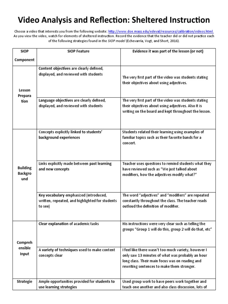 SIOP Model Video Analysis Reflection | PDF | Cognition | Pedagogy