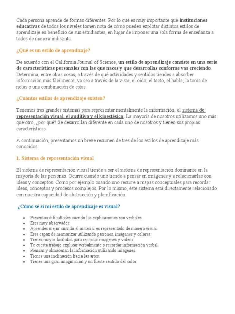 Estilos de Aprendizaje: Visual, Auditivo y Kinestésico | PDF ...