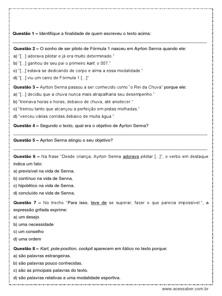 Interpretacao de Texto Ayrton Senna 8º Ano PDF | PDF