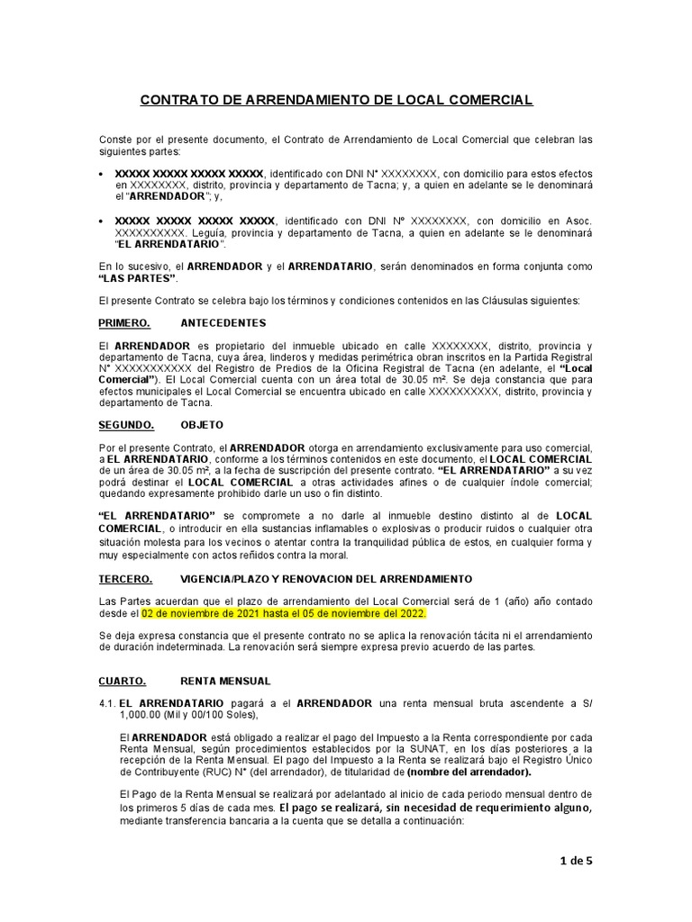 Modelo de Contrato de Arrendamiento de Local Comercial.1 | PDF | Daños ...