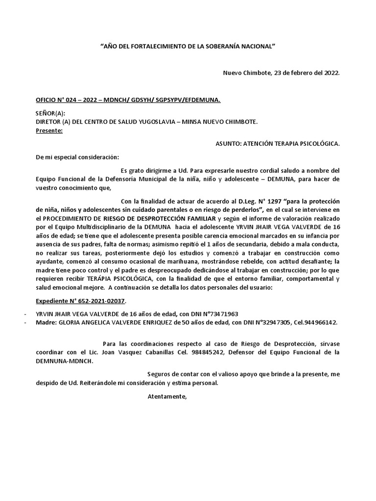 Oficio A Terapia Psicológica Yrvin | PDF | Desarrollo humano | Ciencias