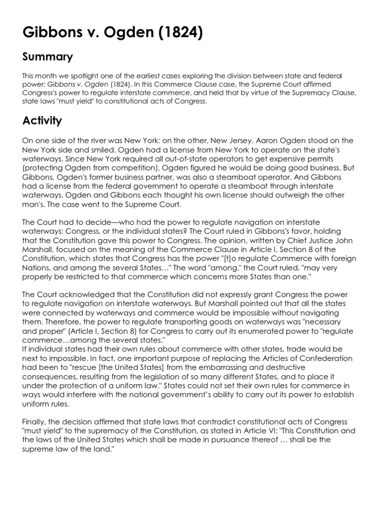 Gibbons v. Ogden: Supreme Court Ruling | PDF