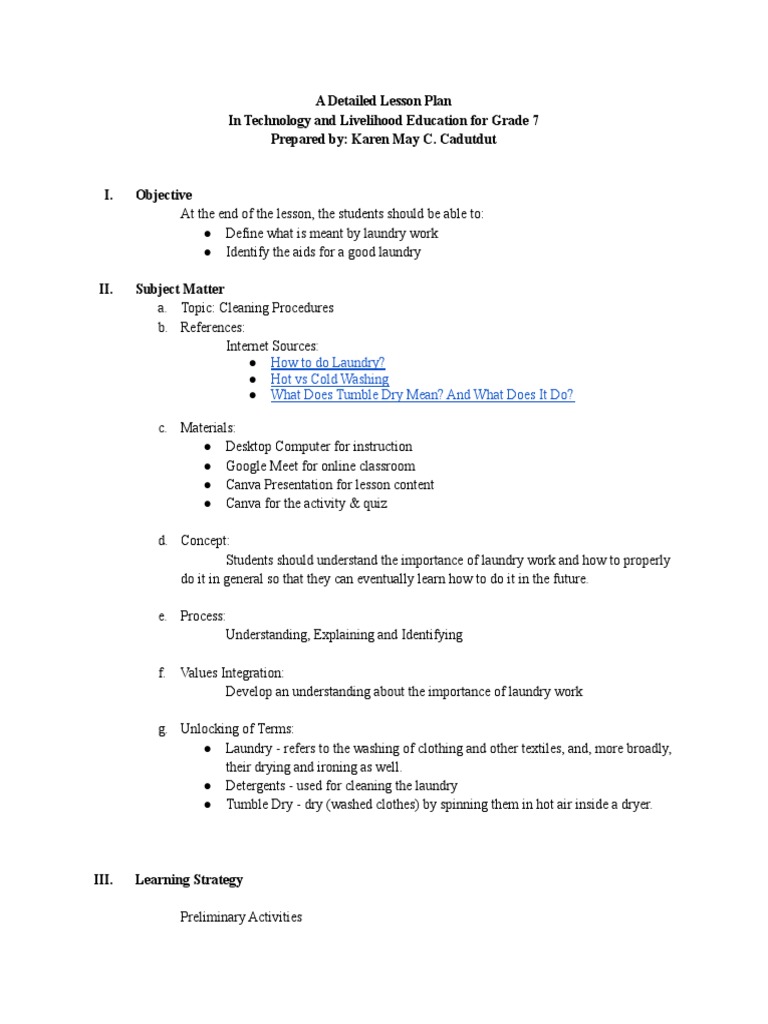 Grade 7 TLE: Laundry Work Lesson Plan | PDF | Laundry | Clothes Dryer