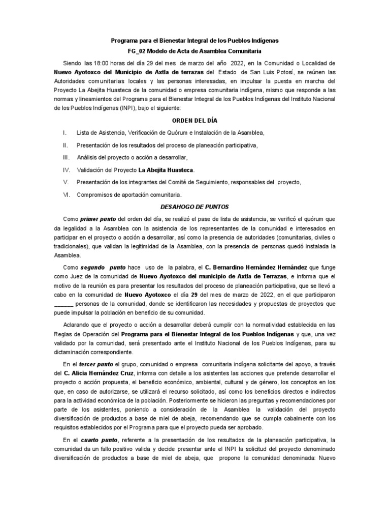 FG 02 Modelo de Acta de Asamblea PDF Gobierno