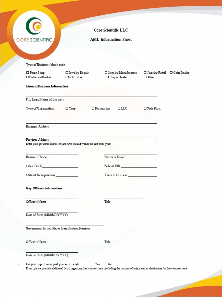 Core Scientific AML Compliance Form | PDF | Money Laundering | Trade