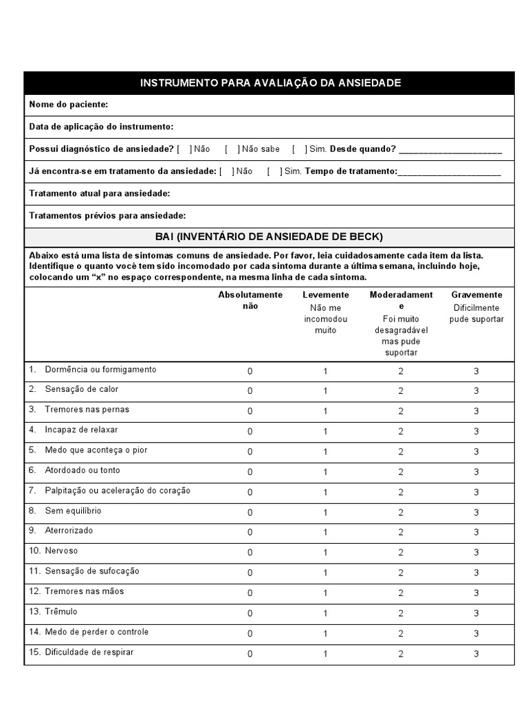 Avaliação da Ansiedade com BAI | PDF | Ansiedade | Doenças e distúrbios ...