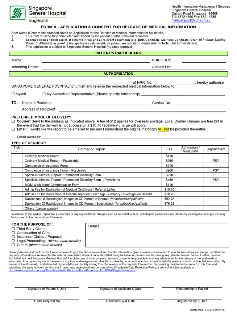 SGH Medical Information Release Form | PDF | Hospital | Informed Consent