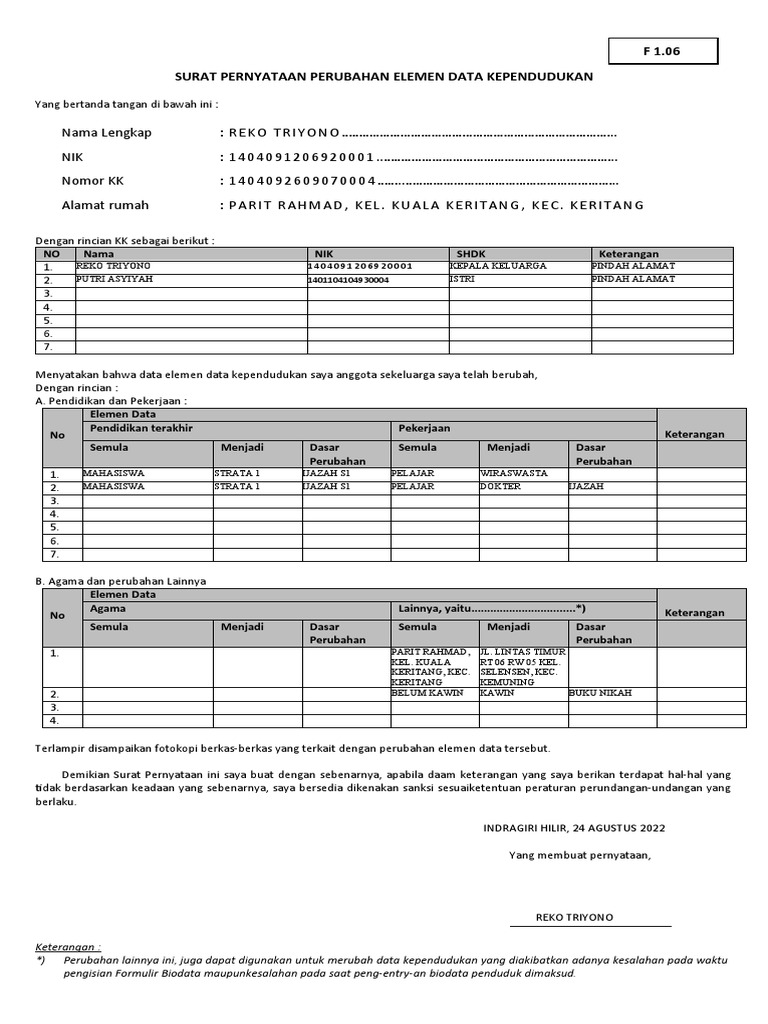 Surat Pernyataan Perubahan Data KK | PDF