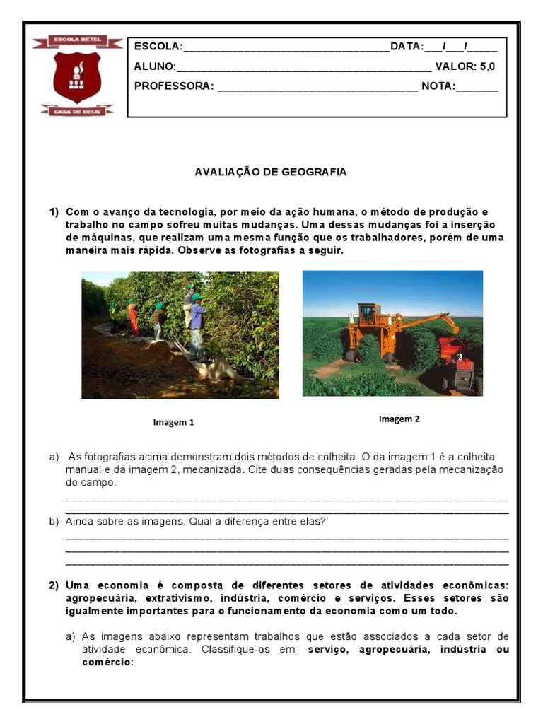 AVALIAÇÃO DE GEOGRAFIA | PDF | Agricultura | Economia