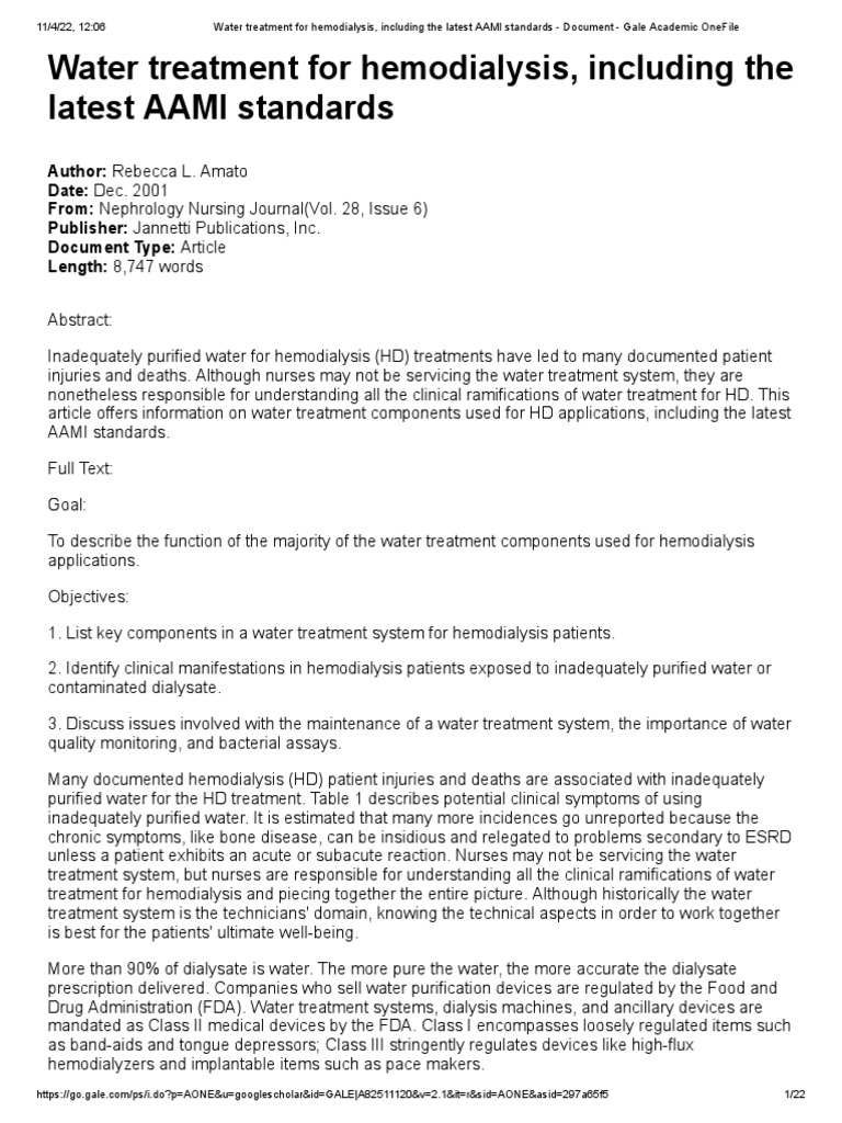 Water Treatment For Hemodialysis, Including The Latest AAMI Standards