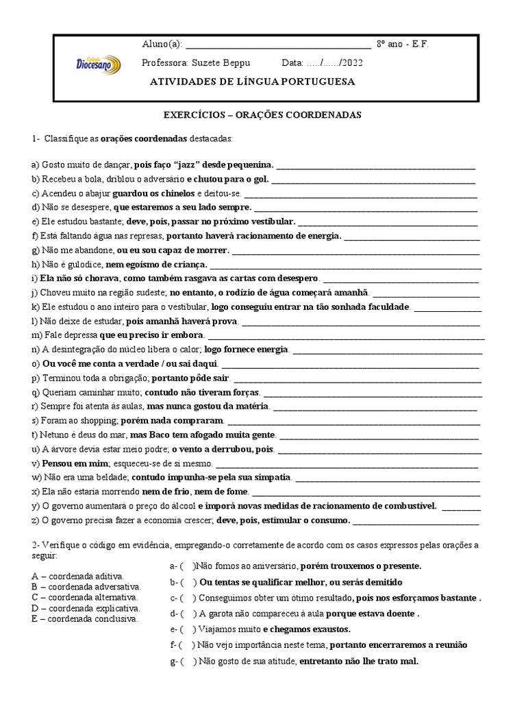 Exercícios sobre Orações Coordenadas | PDF